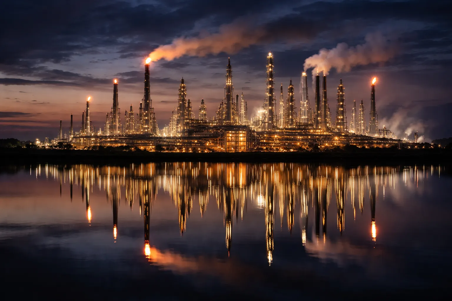 Oil refinery illuminated at night with flames reflecting on water