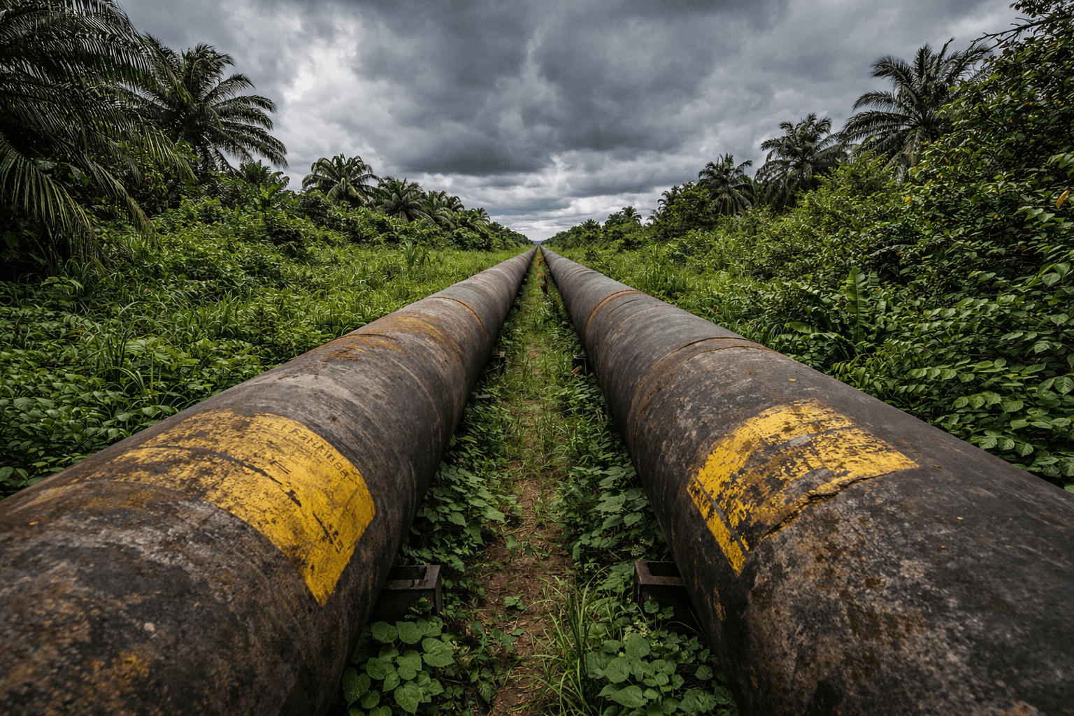 Oil pipelines stretching through Nigerian jungle landscape