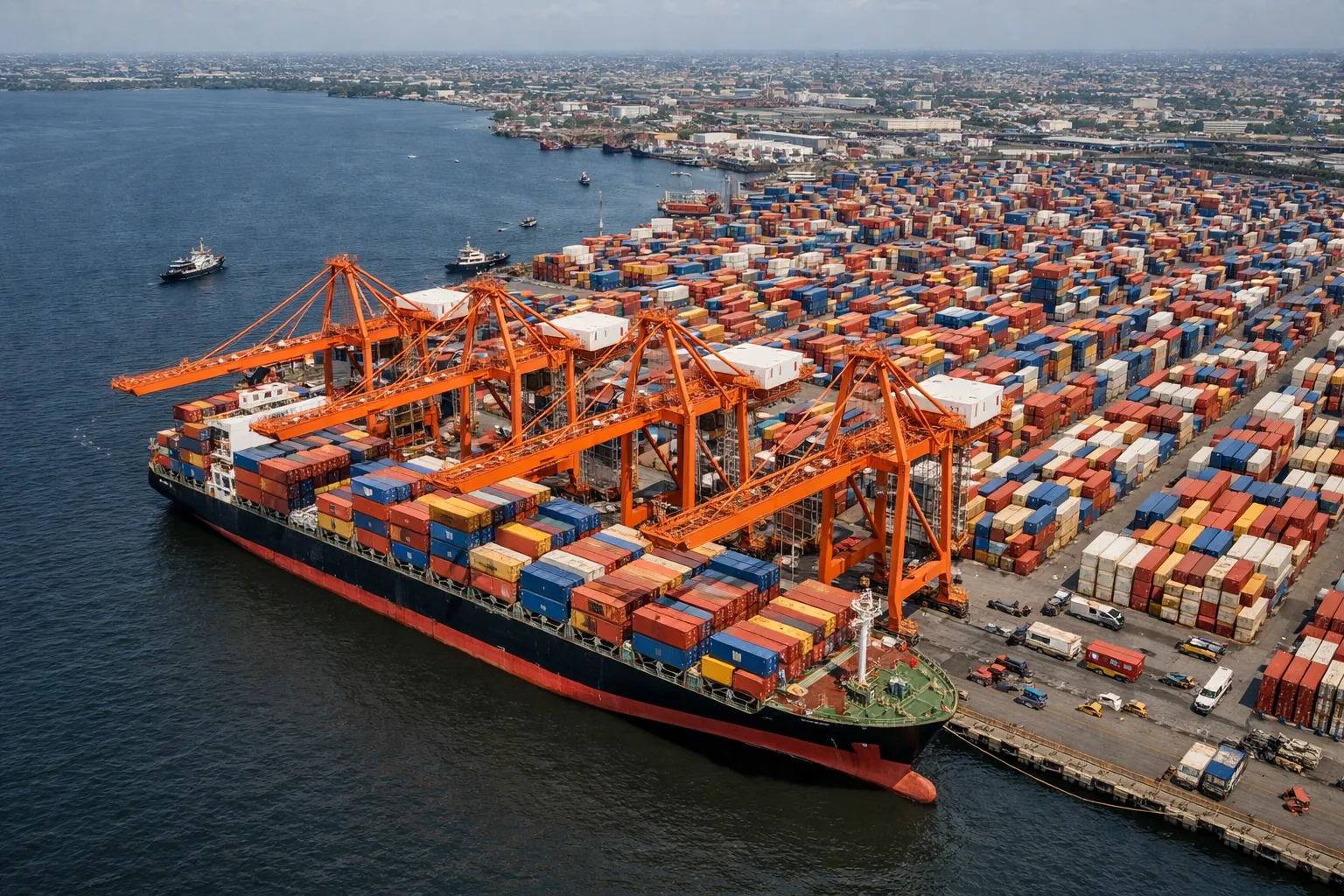 Aerial view of a bustling international container port