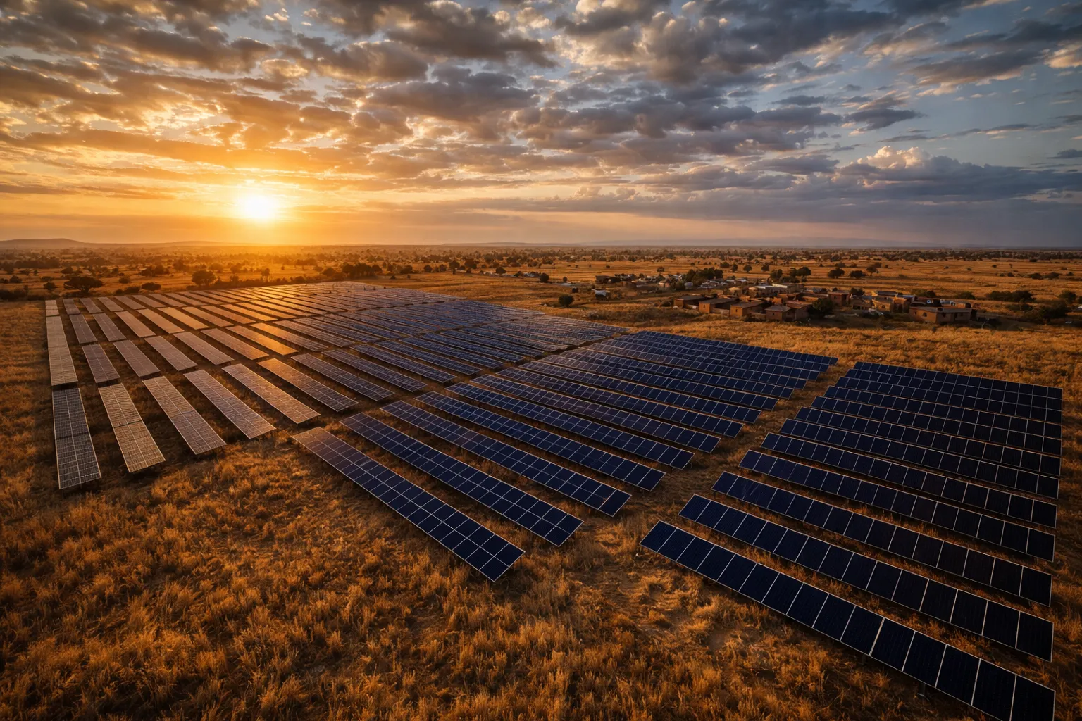 Vast solar panel farm at golden hour across African savanna landscape