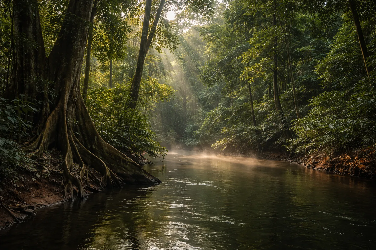 Pristine river winding through dense tropical forest with sunlight filtering through canopy