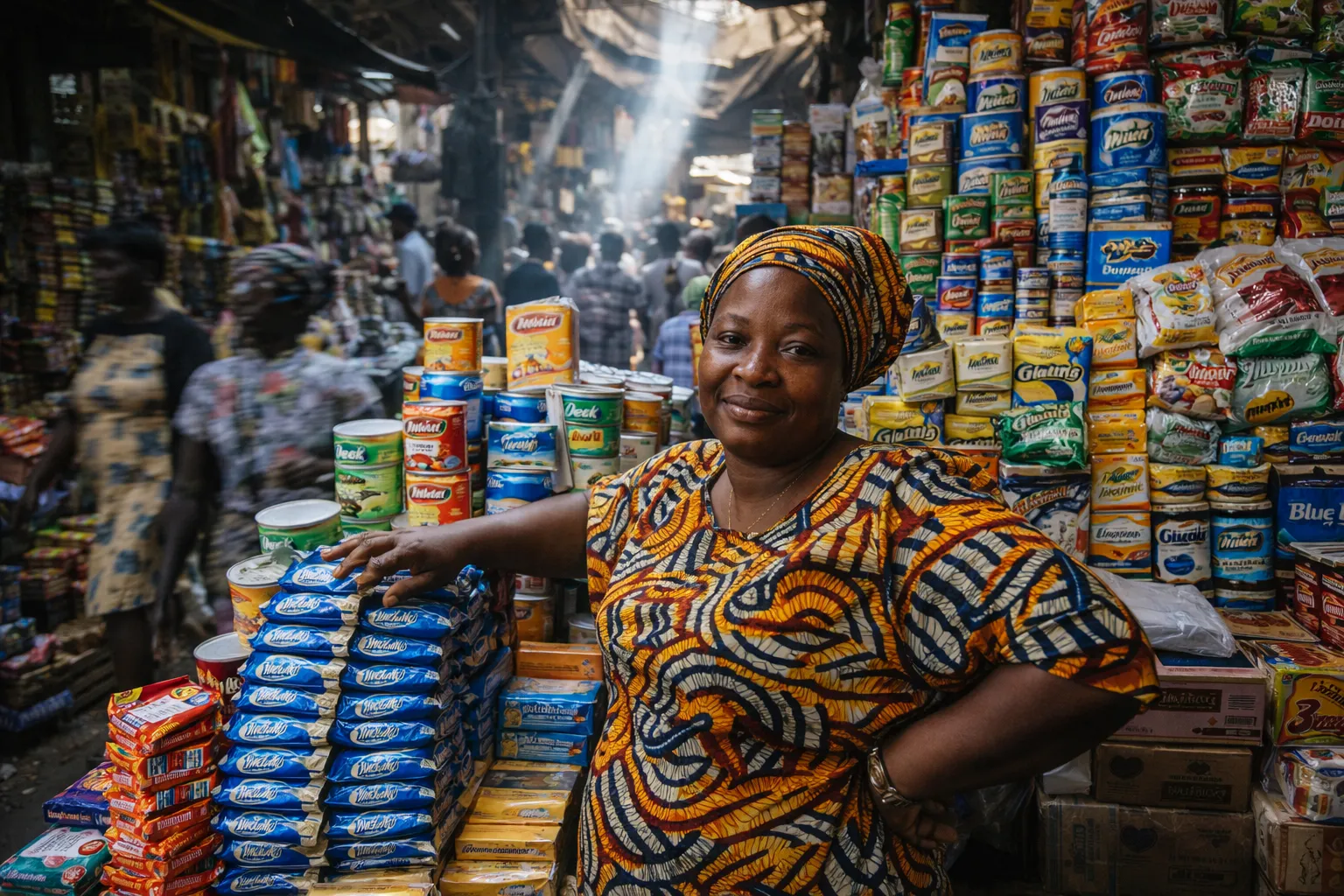 Nigerian market woman in vibrant patterned clothing surrounded by colorful products