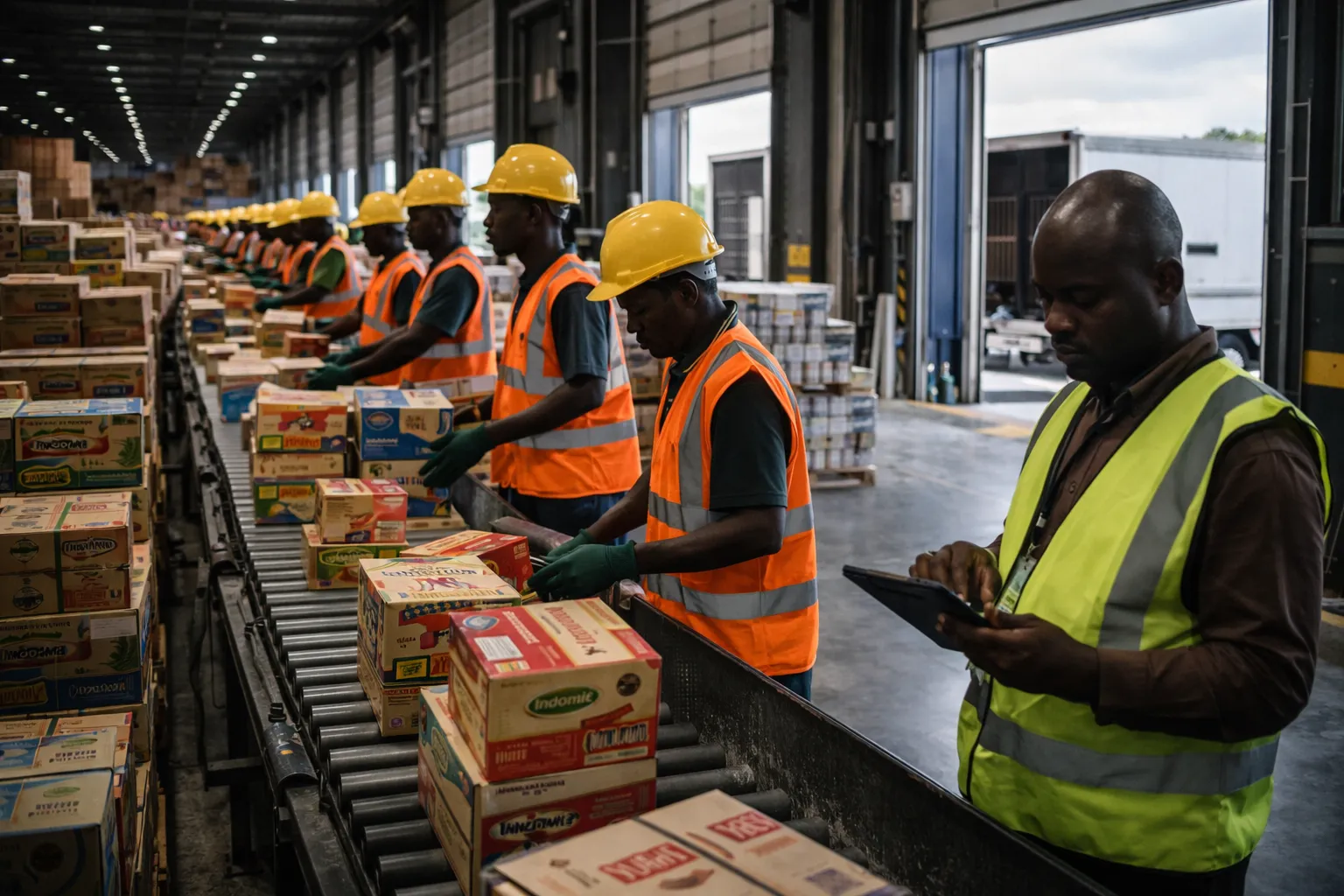 Warehouse workers processing FMCG products on a conveyor belt