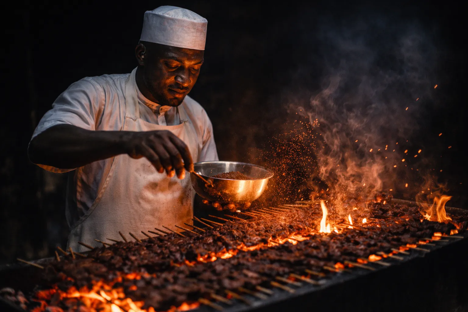 Chef in traditional white attire grilling suya over open flames with sparks rising