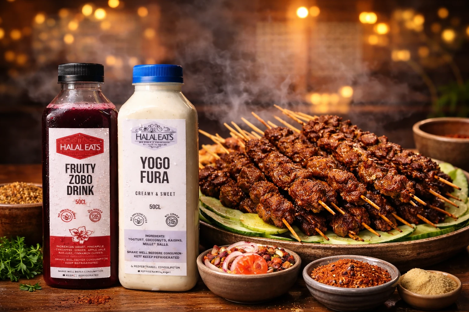 Traditional Nigerian suya platter with pounded yam and fresh accompaniments